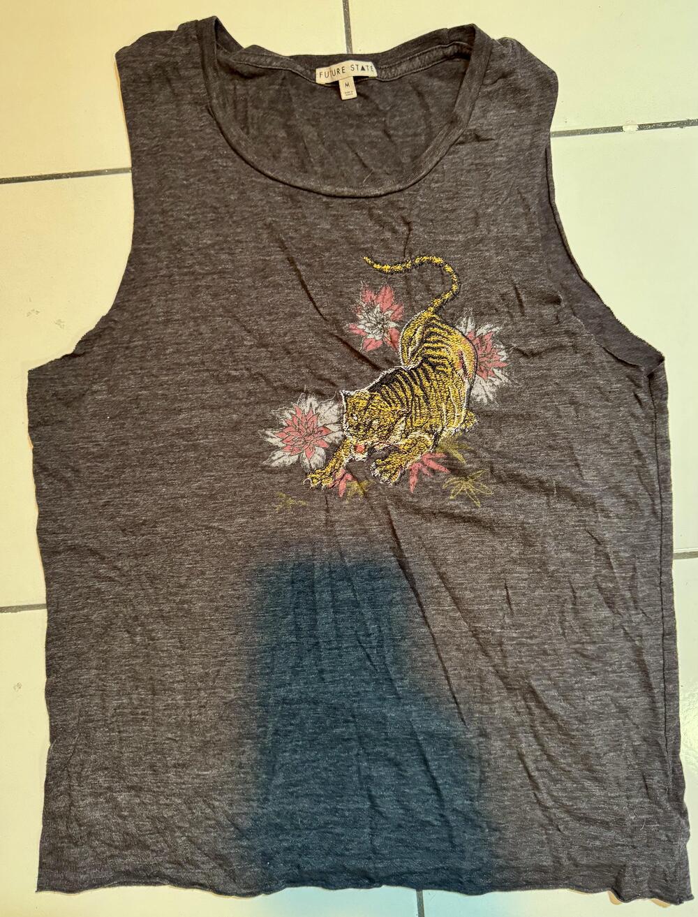 Future State Tank Top Womens Medium Gray Tiger Embroidered Sleeveless Shirt